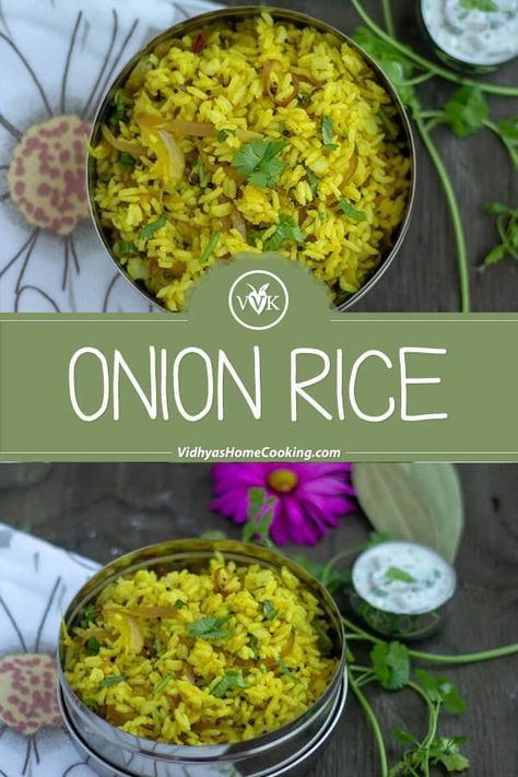 A simple rice recipe prepared with onion and flavored with fennel seeds and garam masala.  #onionrice #lunchboxrecipes #noleftovers #vengayasaadam #indianvegetarianrecipes #veganricerecipes via @srividhyam Rice Recipes Indian, Onion Rice Recipe, Flavored Rice Recipes, Onion Rice, Indian Rice Recipes, Hearty Dinner Recipes, Flavored Rice, Low Carb Vegetarian Recipes, Easy Rice Recipes