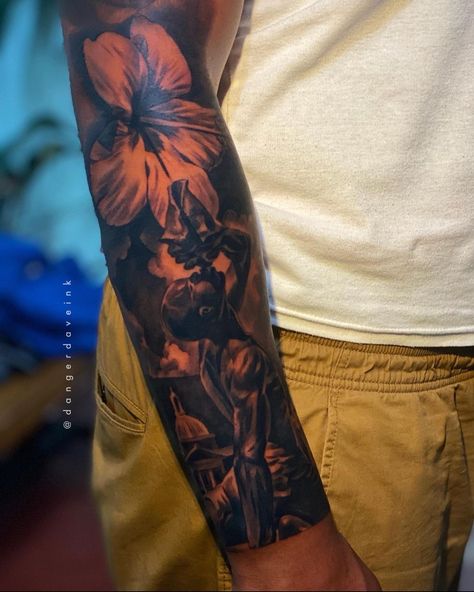 Haitian Flowers, Forearm Tattoo Men Sleeve Design, Haitian Tattoo Ideas, Neg Mawon Tattoo, Carribean Tattoos Men, Haitian Art Tattoo, Haitian Flag Tattoo, Haitian Tattoos For Women, 1804 Haiti Tattoo