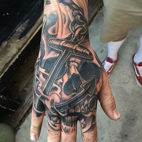 Anchor Hand Tattoo Men, Anchor Hand Tattoo, Top Of Hand Tattoos Men, Pirate Hand Tattoo, Skull Hand Tattoo, Viking Skull, Anchor Tattoos, Anchor Tattoo, Skull Hand