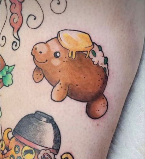 Tattoo Random Fun Tattoos, Food Animal Tattoo, Kawaii Animal Tattoo, Weird Unique Tattoos, Funny Food Tattoos, Millennial Tattoos, Childish Tattoos, Squishmallow Tattoo, Sick Tattoo Ideas