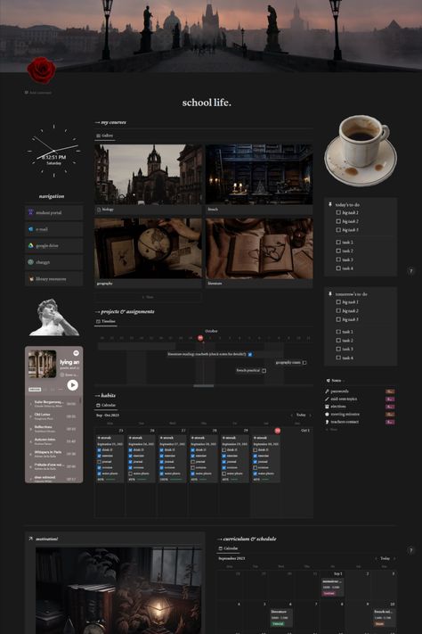 dark academia themed notion template for school! free download available #university #darkacademia #digitalplanner #schoolorganiser #notion #notiontemplate #darkacademianotion Dark Academia University, School Planner Template, University Planner, Dark Academia School, To Do App, Study Apps, School Template, Notion Templates, Theme Template