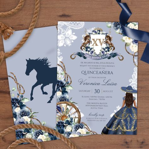 Charro Horse Crest Royal Navy Blue Quinceanera Inv Invitation - tap to personalize and get yours #Invitation #cowboy, #elegant, #rustic, #crest, #navy Blue Mexican Quinceanera Theme, Charro Theme Invitations, Royal Blue Xv Decorations, Royal Blue Charro Quinceanera Theme, Navy Blue Quinceanera Ideas Decor, Blue Charro Quinceanera Theme, Ranchero Quinceanera Ideas, Cowgirl Quinceanera Ideas, Ranch Quinceanera Ideas