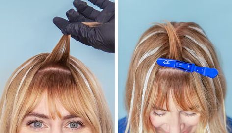 Balayage Highlights for Bangs and Side Parts | eSalon Color Mastery Diy Balayage At Home, Chunky Bangs, Highlights At Home, Diy Balayage, Light Bangs, Diy Highlights, Straight Across Bangs, Highlighted Bangs, Lazy Girl