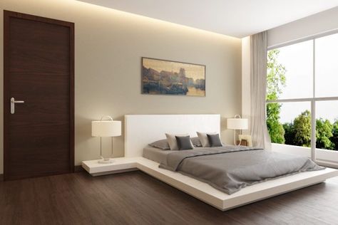 White And Wooden Bed, Bed Attached To Wall, Wooden Flooring Bedroom Modern, Minimalist Master Bed, Wooden Flooring Bedroom Interior Design, Low Height Bed Design, Wooden Flooring Bedroom, Low Bed Ideas, Bedroom References