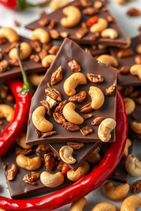 Dark chocolate bars topped with cashews and red chili peppers. Chocolate Bark Ideas, Hazelnut Bark, Snack Low Calorie, Chili Chocolate, Low Calorie Recipe, Chocolate Cashew, Bark Recipes, Easy Holiday Treats, Chocolate Bark Recipe