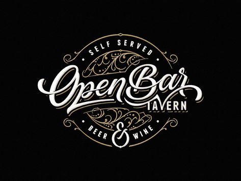 Open Bar Tavern by Dalibor Momcilovic Bar Logos Vintage, Pub Logo Design Ideas, Bar Logo Design Ideas, Logo Design Vintage Retro, Pub Logo, Hand Drawn Logo Design, Handmade Illustration, Calligraphy Text, Vintage Logos