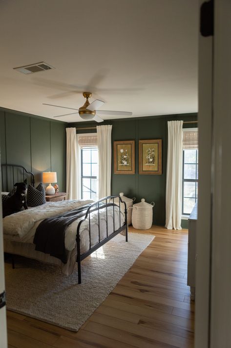 Dark green master bedroom with board and batten. Light Bedroom Dark Accents, House Design Moody, Perfect Bedroom Master Suite, Airy Master Bed, Edgy Green Bedroom, Dark Green Walls Bedroom Decor, Chair Rail Bedroom Two Tones, Guest Bath Accent Wall, Different Board And Batten Styles