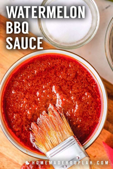 Watermelon BBQ Sauce! This summer-infused and grill-friendly watermelon bbq sauce is made from a blend of fresh watermelon, brown sugar, balsamic and apple vinegar, and seasonings. | HomemadeHooplah.com Watermelon Bbq Sauce, Watermelon Bbq, Baked Bbq Ribs, Chip Recipe, Tortilla Chip Recipe, Homemade Bbq Sauce Recipe, Watermelon Salsa, Tortilla Chip, Barbecue Sauce Recipes