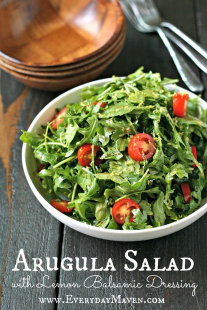 Arugula Salad with Lemon Balsamic Dressing from www.EverydayMaven.com Pocket Recipes, Balsamic Dressing Recipe, Dandelion Greens, Arugula Salad Recipes, Salad With Lemon, Pork Stew, Simple Salad, Balsamic Dressing, Dandelion Recipes