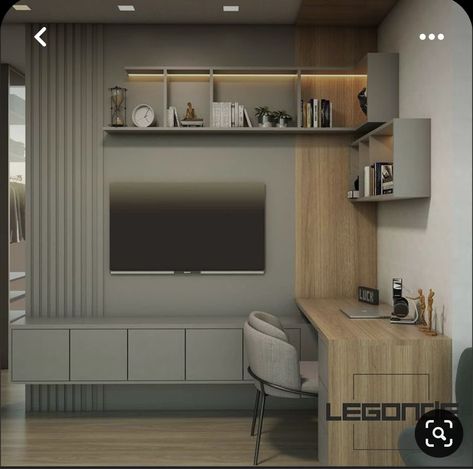 Built In With Large Tv, Desk And Tv In Bedroom, Tv Wall With Working Desk, Tv And Desk Wall Unit Bedroom, Tv Office Room Ideas, Office With Couch And Desk And Tv, Tv And Office Room, Home Office With Tv On Wall, Home Office And Tv Room