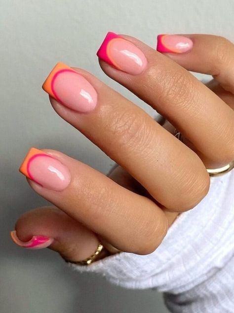 Hot pink and orange double French short nails Pink French Tip Nails Square, French Tip Nails Square, Pink French Tip Nails, Pink Tip Nails, Pink French Tip, Builder Gel Nails, Pink Manicure, Simple Gel Nails, Summery Nails