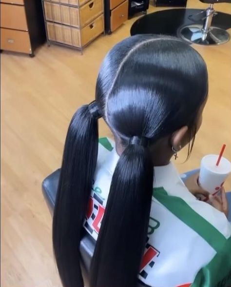 Cute Slick Ponytails For Black Women, 2 Straight Ponytails With Weave, 2 Slick Ponytails, Middle Part Two Ponytails, Two Sleek Ponytail Weave, Two Weave Ponytails, 2 Slick Back Ponytail Braids, Sleek Pigtails, 2 Low Ponytails With Weave