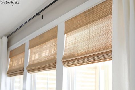 Colonial Window Treatments, Large Window Treatments Living Rooms, Window Treatments Living Room Farmhouse, Affordable Window Treatments, Sunroom Window Treatments, Roman Shades Living Room, Living Room Window Treatments, Large Window Treatments, Woven Roman Shades