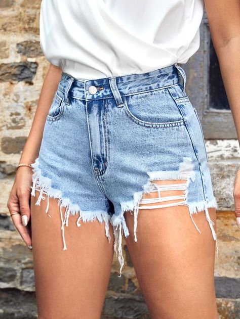 Light Wash  Collar  Denim Plain Straight Leg Embellished Non-Stretch  Women Clothing Ripped Denim Shorts Outfit, Short Ripped Jeans, Women Denim Shorts, Casual Denim Shorts, Womens Ripped Jeans, Women's Denim Jeans, Ripped Jean Shorts, Ripped Denim Shorts, Ripped Shorts