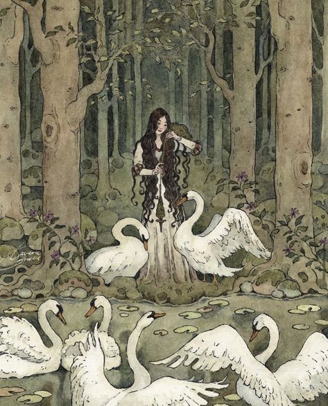 The Six Swans, Arte Grunge, Fairytale Illustration, Fairytale Art, Ethereal Art, Dreamy Art, Fairy Art, Swans, In The Woods