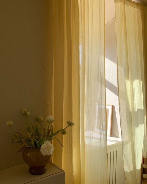 🔆🔆🔆 Yellow Curtains Aesthetic, Light Yellow Curtains, Dreamy Curtains, Yellow Curtains Bedroom, Sheers Curtains Living Room, Textured Abstract Art, Summer Curtains, Cute Apartment, Yellow Curtains