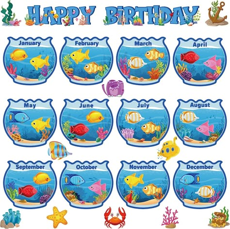 Colarr 52 Pcs Under The Sea Birthday Bulletin Board Set for Classroom Ocean Beach Theme Happy Birthday Bulletin Board Decoration Sets Sea Animal Fish Tank Cutouts for Summer Wall Calendar Decor Mermaid Classroom, Ocean Bulletin Board, Bulletin Board Decoration, Birthday Bulletin Board, Beach Theme Classroom, Birthday Board Classroom, Bulletin Boards Theme, Ocean Classroom, Under The Sea Decorations