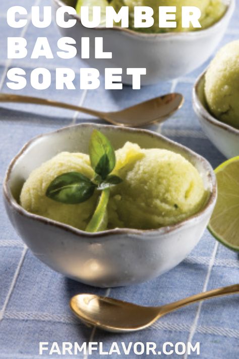 Diy Sorbet, Cucumber Sorbet, Cucumber Ideas, Basil Sorbet, Sorbet Is, Simple Foods, Lime Sorbet, Recipe Drawing, Sweet Basil