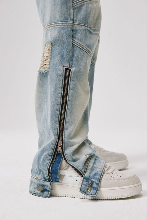 BONELESS Deconstructed Ripped Zipper Jeans — XL / Blue Denim Jeans For Women Fashion, Men Jeans Design, Jeans Design Ideas Men, Custom Jeans Men, Jeans Customization, Denim Diy Clothes, Custom Jean, Denim Streetwear, Unique Jeans