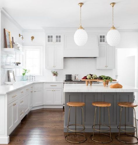 White Kitchen, Gray Island Ideas: Kitchen Island Designs | Hunker Curved Kitchen Cabinets, Light Grey Kitchen Cabinets, Gray Island, Curved Kitchen, Light Grey Kitchens, Grey Kitchen Island, Gray And White Kitchen, Classic Kitchen, White Kitchen Design