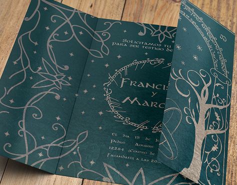 LOTR Wedding invitation on Behance Tolkien Party, Wedding Invitations Illustration, Tolkien Wedding, Middle Earth Wedding, Lotr Party, Hobbit Wedding, Elvish Wedding, Lotr Wedding, Forest Wedding Invitations