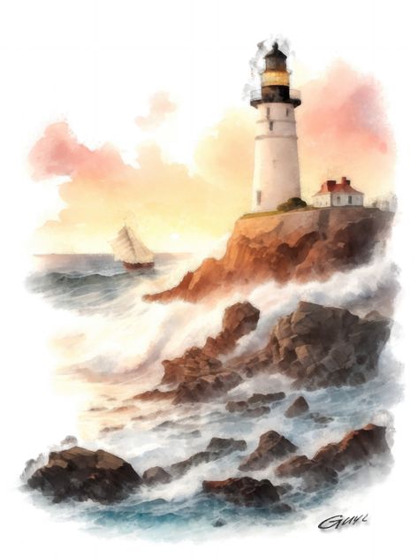 BY GUYMICK CORMIC Beach Watercolor Paintings, Lighthouse Watercolor, Storm At Sea, Pastel Beach, Maritime Art, Lighthouse Painting, Lighthouse Pictures, Sea Landscape, Landscape Digital