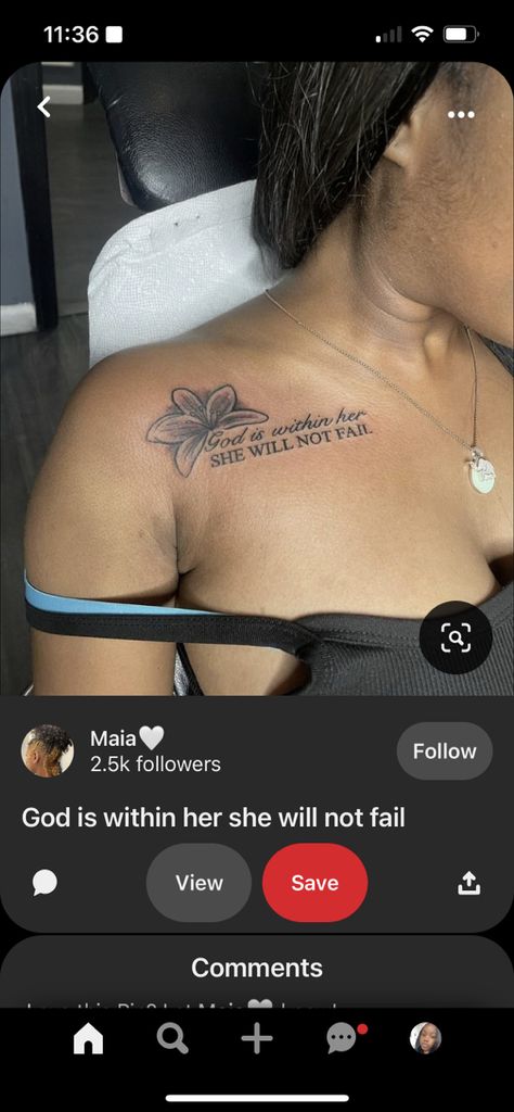 She Will Not Fail God Is Within Her Tatto, Bible Scripture Tattoos Black Woman, Christian Collar Bone Tattoo, Chest Tattoos Black Women, Collar Bone Tattoo Bible Verse, Bible Sleeve Tattoo, Chest Tattoo Female Black Women, Chest Tattoo For Females, Chest Tattoo Bible Verse