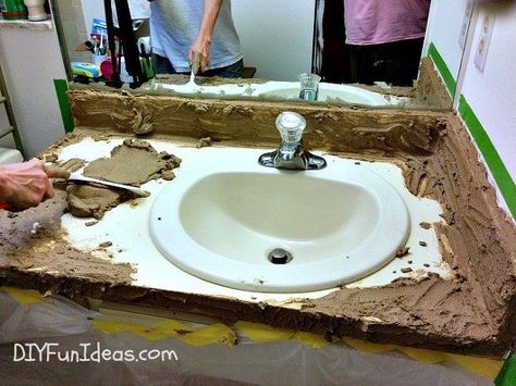 super easy concrete overlay vanity makeover, bathroom ideas, concrete masonry, concrete countertops, diy, home decor Diy Concrete Sink, Bathroom Vanity Redo, Diy Concrete Counter, Concrete Countertops Kitchen Diy, Concrete Countertops Bathroom, Countertops Wood, Vanity Makeover, Diy Bathroom Makeover, Concrete Overlay