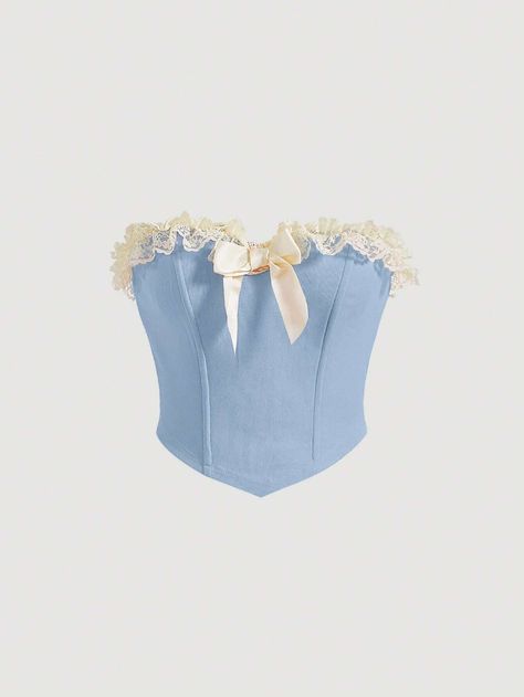 SHEIN MOD Plus Bow Front Lace Ruffle Trim Bandana Hem Tube Top | SHEIN USA Crop Tube Top, Lace Tube Top, Blue Corset, Cropped Tube Top, Kpop Outfits, Women Tops, Cute Tops, Tube Top, Pretty Dresses