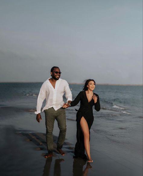 Black Gown Photoshoot, Black Couple Engagement Photoshoot, Black Couple Engagement, Couple At Beach, Couple Engagement Photoshoot, Gown Photoshoot, Photoshoot Couple, Cute Engagement Photos, Couple Engagement Pictures