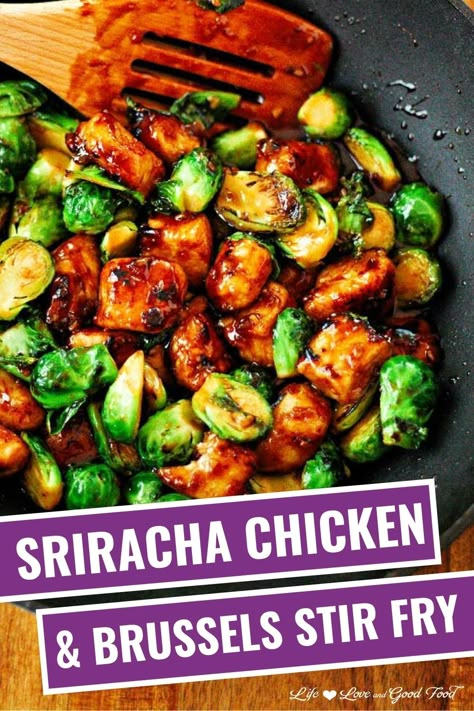 Chicken And Brussel Sprouts, Filling Vegetarian Meals, Chicken Brussel Sprouts, Honey Sriracha Sauce, Honey Sriracha Chicken, Wok Recipes, Easy Stir Fry Recipes, Sriracha Chicken, Wok Cooking