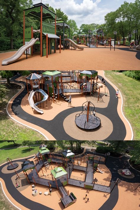 Playground On A Slope, Unique Playground Design, Community Park Design Ideas, Recreational Park Design, Inclusive Playground Design, Play Ground For Kids Backyard Ideas, Outdoor Kids Area, Small Park Design, Kids Playground Design