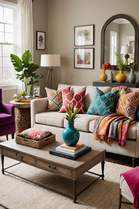 21 Colourful Living Room Decor Ideas – The Dear Lab Neutral With Pop Of Color Living Room, Beige Couch, Colourful Living Room Decor, Living Room Decor Colors, Colourful Living Room, Living Room Decor Ideas, Room Decor Ideas, Colorful Art, Accent Pillows