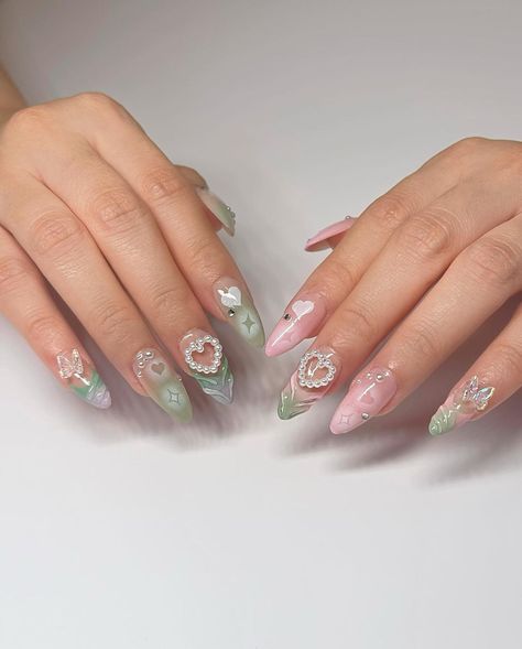 strawberry matcha 🍓🍵 ♡ services: gelx with airbrush ,3d design,charm, rhinestone ♡ shape: medium almond ♡… | Instagram Matcha Nails, Strawberry Matcha, Kawaii Nail Art, Classy Acrylic, Business Nails, Lilac Nails, Wow Nails, Medium Almond, Nails Cute