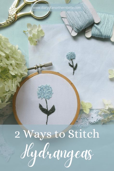 How To Embroider A Flower By Hand, Hand Embroidered Hydrangeas, Hydrangea Embroidery Tutorial, Embroidered Hydrangea Flower, Embroidery Hydrangea Flower, Hydrangea Embroidery Pattern, How To Embroider Small Flowers, Embroidered Flowers Tutorial, Embroidered Hydrangea