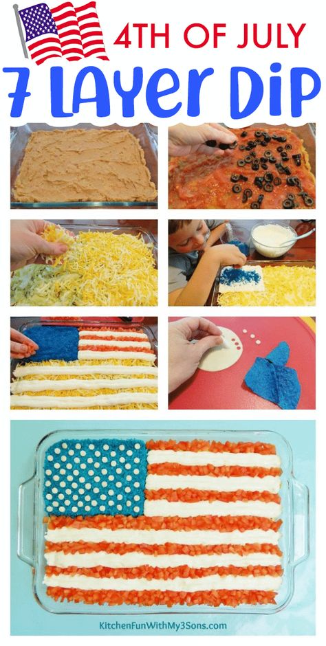 This 7 Layer Flag Dip is SO easy to make! We are sure this would be a huge hit at any 4th of July party. Seven Layer Flag Dip, Flag Dip 7 Layer, 7 Layer Flag Dip For 4th Of July, 4th Of July Chip Dip, 4th Of July 7 Layer Dip, Flag Dip, 4th Of July Appetizer Ideas, Taco Dips, July 4th Appetizers