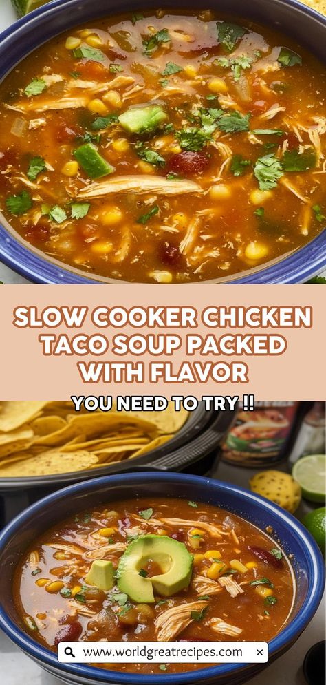 Dive into a bowl of Comforting and Customizable Crockpot Chicken Taco Soup that caters to your taste! This versatile recipe allows you to add more beans, spice it up with jalapeños, or top it off with fresh cilantro and lime. With just a few minutes of prep, your slow cooker will do all the work, creating a rich and savory soup that’s perfect for any occasion. Whether you're hosting a gathering or enjoying a quiet night in, this soup is sure to impress! Taco Soup Recipe Crockpot, Crockpot Chicken Taco Soup, Slow Cooker Chicken Taco Soup, Quick Easy Family Meals, Chicken Soup Crockpot, Chicken Taco Soup Recipe, Chicken Tacos Crockpot, Gourmet Dishes, Crock Pot Tacos