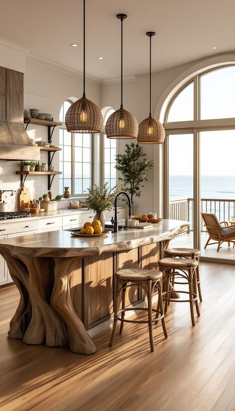 Discover the serene charm of a coastal kitchen escape, where golden hour illuminates a driftwood-inspired island and nautical pendants paint a picture of endless ocean dreams. Rattan Kitchen Pendants, Beachy Kitchen Ideas, Kitchen Beach House, Beachy Kitchens, Bahamas House, Coastal Style Kitchen, Endless Ocean, Dream Kitchen Ideas, Paint A Picture