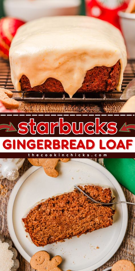 This Starbucks Gingerbread Loaf is a copycat bread recipe that is savory and tasty. It has a cream cheese frosting that is moist and flavorful that is perfect to have for a Christmas morning breakfast or even on a holiday brunch. This recipe is easy to make, and just tastes better than the original. You don't need to go out and buy it from the store. Starbucks Copycat Gingerbread Loaf, Copycat Starbucks Gingerbread Loaf, Gingerbread Loaf Starbucks, Starbucks Bread Recipes, Gingerbread Recipe Loaf, Moist Gingerbread Loaf, Mini Loaf Bread Recipes Christmas Gifts, Breakfast Loaf Recipes, Ginger Bread Loaf Recipes