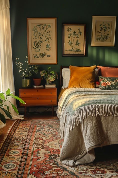 Apartment Decorating Sage Green, Ideas For Green Bedroom, Moody Eccentric Bedroom, Bedroom Ideas Orange And Green, Forest Green And Mustard Bedroom, Desk In Master Bed, Dark Green Brown Bedroom, Dark Green Accent Wall Bedroom Boho, Emerald Green Bed Frame Bedroom Ideas