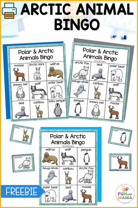 Free polar and arctic animal bingo game Arctic Animals Kindergarten Activities, Arctic Habitat Preschool, Arctic Animal Kindergarten Activities, Polar Bear Games For Kids, Arctic Animal Theme Preschool, Wolf Activities Preschool, Arctic Animals Activities For Toddlers, Preschool Artic Animals Activities, Arctic Activities Preschool