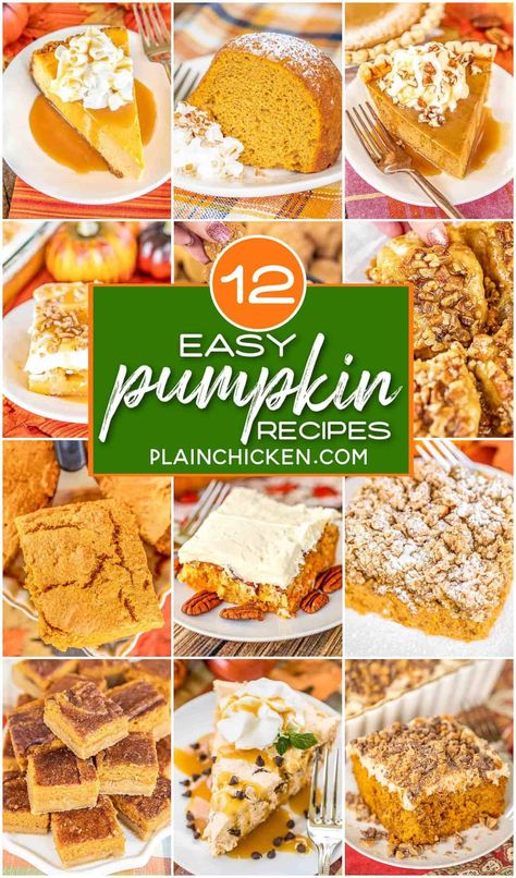 12 Easy Pumpkin Recipes for Fall - the best of the best pumpkin recipes! These are our go-to pumpkin recipes that will be making this Fall! Muffins, cakes, desserts, pies, and a cornbread recipe. I've got one recipe that only has pumpkin spice, but I think it counts. Even if you aren't a pumpkin fan, I assure you that you will enjoy all of these dishes. Easy Pumpkin Desserts, Thanksgiving Pumpkin Recipes, Pecan Pumpkin Butter, Easy Pumpkin Recipes, Best Pumpkin Recipes, Plain Chicken Recipe, Recipes Muffins, Pumpkin Cream Pie, Thanksgiving Appetizers Easy