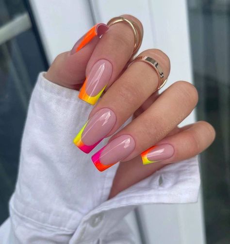 Neon Yellow Square Nails, Neon Yellow Tips Nails, Highlighter Yellow French Tip Nails, Neon French Nails, Neon Yellow Coffin Acrylic Nails, Square French Tip Nails, Square French Tip, Neon Yellow Coffin Nails, Square French