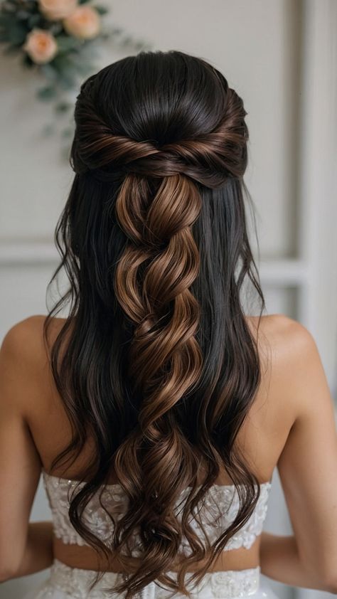 Discover elegant and easy bridal hairstyles for long hair From classic half updos to Indian updo elegance with Indian wedding veil crown and Pakistani black braid style ideas Get inspired with Boho bridal looks Indian Wedding Veil, Brunette Wedding Hairstyles, Indian Updo, Long Hair Bridal Hairstyles, Romantic Wedding Hairstyles, Veil Crown, Long Hair Bridal, Brides Hairstyles, Wedding Hair Brunette