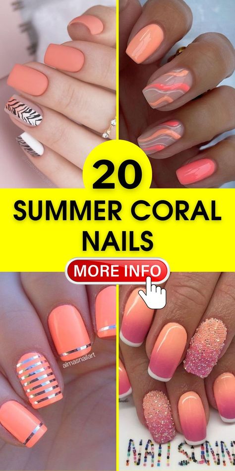 Get ready for summer coral nails, a 2024 must-have. These nails blend design innovation with colors like orange, pink, and blue. Whether you prefer acrylic or gel, the art designs are versatile, fitting both short and long nails with elegance. Bright Coral Nails Design, Summer Coral Nails, Coral Gel Nails, Neon Coral Nails, Coral Nails With Design, Nails Art Ideas, Coral Nails, Nail Color Trends, Classy Nail Designs