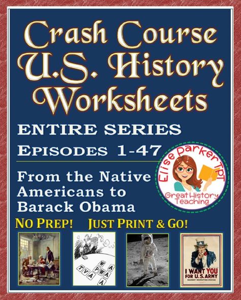 @greathistory posted to Instagram: Tap the link in my bio for more info  -> @greathistoryteaching GREAT FOR DISTANCE LEARNING: Crash Course U.S. History Worksheets for the Entire Series, all 47 episodes! One worksheet per episode; every question comes with a time stamp option for teacher convenience. Uses a variety of question types to cue student engagement: fill-ins, true/false, and free response! Complete answer keys included. Enough material for a whole year of U.S. history, all for one l History Worksheets, Classroom Strategies, True False, Teaching History, Us History, Crash Course, Student Engagement, World History, Student Learning