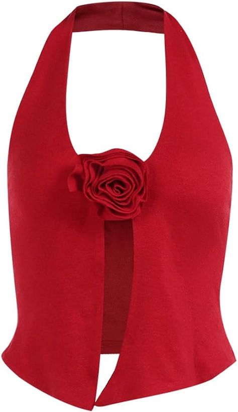 SUPOMAX Women’s Sexy V Neck Knit Crop Tops Backless Sleeveless Vintage Flower Halter Top Basic Summer Going Out Tank Tops (US, Alpha, Medium, Regular, Regular, Red) at Amazon Women’s Clothing store Martini Outfit, V Neck Halter Top, Crop Top Y2k, Button Crop Top, Backless Halter Top, Vest For Women, Cropped Camisole, Media Screen, Chill Fits