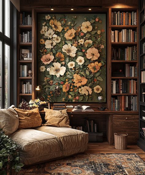 A charming study corner with vintage-inspired botanical wall art in warm hues, a rustic wooden desk, bookshelves filled with novels, and soft lighting enhancing a cozy atmosphere for reading and working. Spiritual Wall Decor, Bible Verse Wall Decor, Study Corner, Scripture Gift, Jesus Artwork, Bible Verse Posters, Creative Wall Art, The Glory Of God, Wall Art Ideas