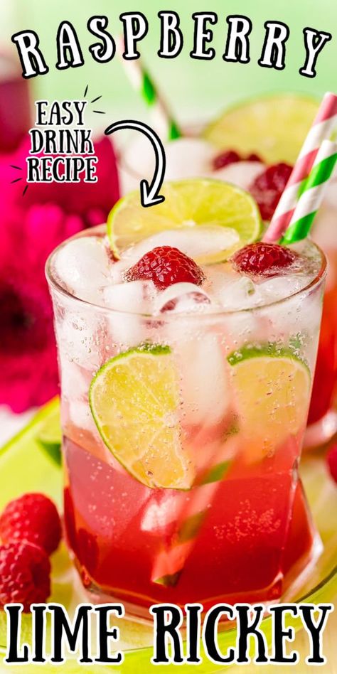 Raspberry Lime Mojito, Raspberry Lime Cocktail, Lime Rickey Recipe, Raspberry Lime Rickey, Gin Rickey Recipe, Raspberry Simple Syrup, Gin Rickey, Pomegranate Mojito, Raspberry Drink