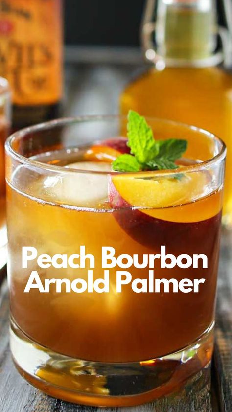 The Peach Bourbon Arnold Palmer is a twist on the classic Arnold Palmer, perfect for enjoying on a warm spring day. This cocktail is made by mixing bourbon with iced tea and lemonade, then adding a splash of peach syrup. The result is a sweet and tangy cocktail with a subtle smokiness from the bourbon. #PeachBourbonArnoldPalmer Peach Pecan Whiskey Drinks, Peach Bourbon Arnold Palmer, Peach Bourbon Cocktail Recipe, Whiskey Bourbon Drinks, Bourbon Lemonade Cocktail, Bubble Bass Order, Bourbon Drinks Cocktails, Bourbon Cream Cocktail, Peach Brandy Recipe